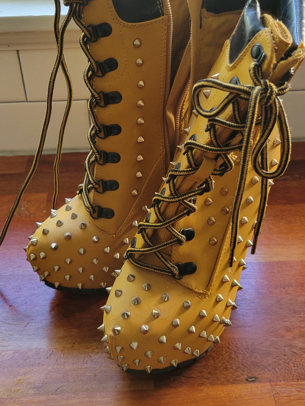 Yellow Studded Lace-Up Platform Boots for Women